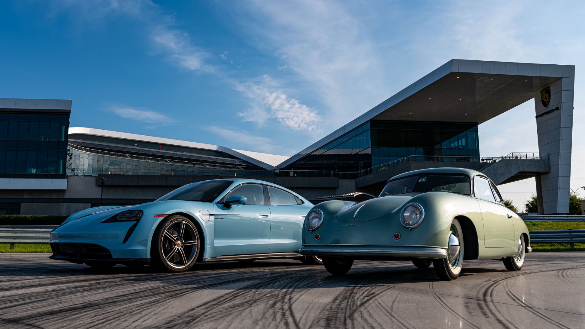 Frozen Blue Metallic 2020 Porsche Taycan Turbo S, Radium Green 1950 Porsche 356, Porsche Experience Center Atlanta, 2020, Porsche Cars North America, Inc.