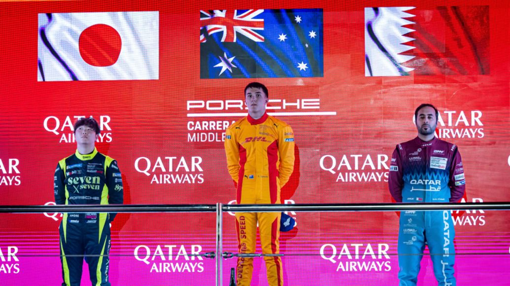 Taichi Watarai , seven x seven, Caleb Sumich, DHL,  Abdulla Al-Khelaifi, HRX (l-r), Porsche Carrera Cup Middle East, Qatar, Races 1 and 2, 2025, Porsche Middle East