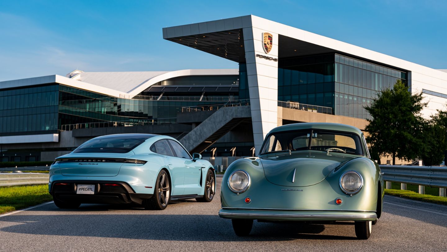 Frozen Blue Metallic 2020 Porsche Taycan Turbo S, Radium Green 1950 Porsche 356, Porsche Experience Center Atlanta, 2020, Porsche Cars North America, Inc.