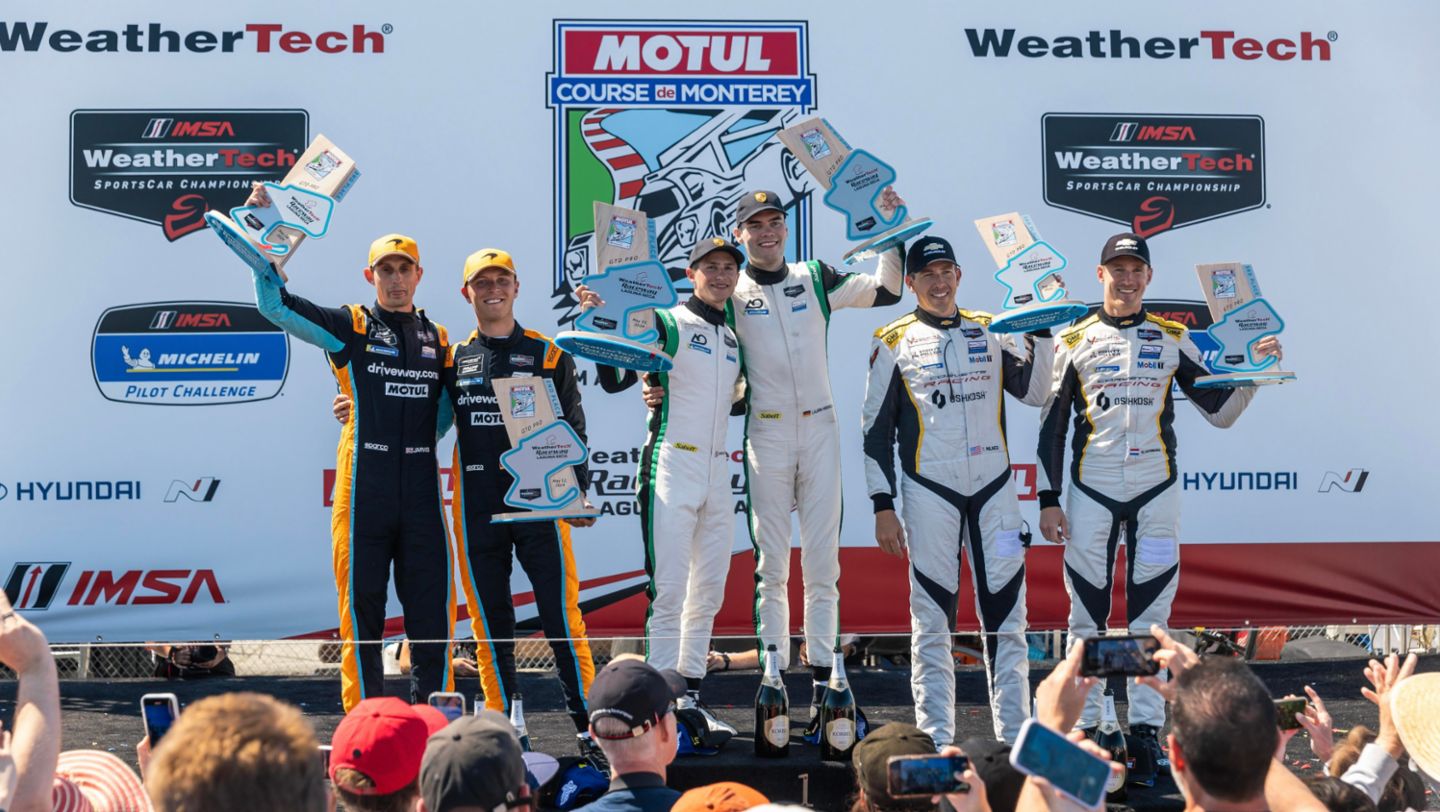 Podium ceremony of the GTD Pro class, Laguna Seca, 2024, Porsche AG